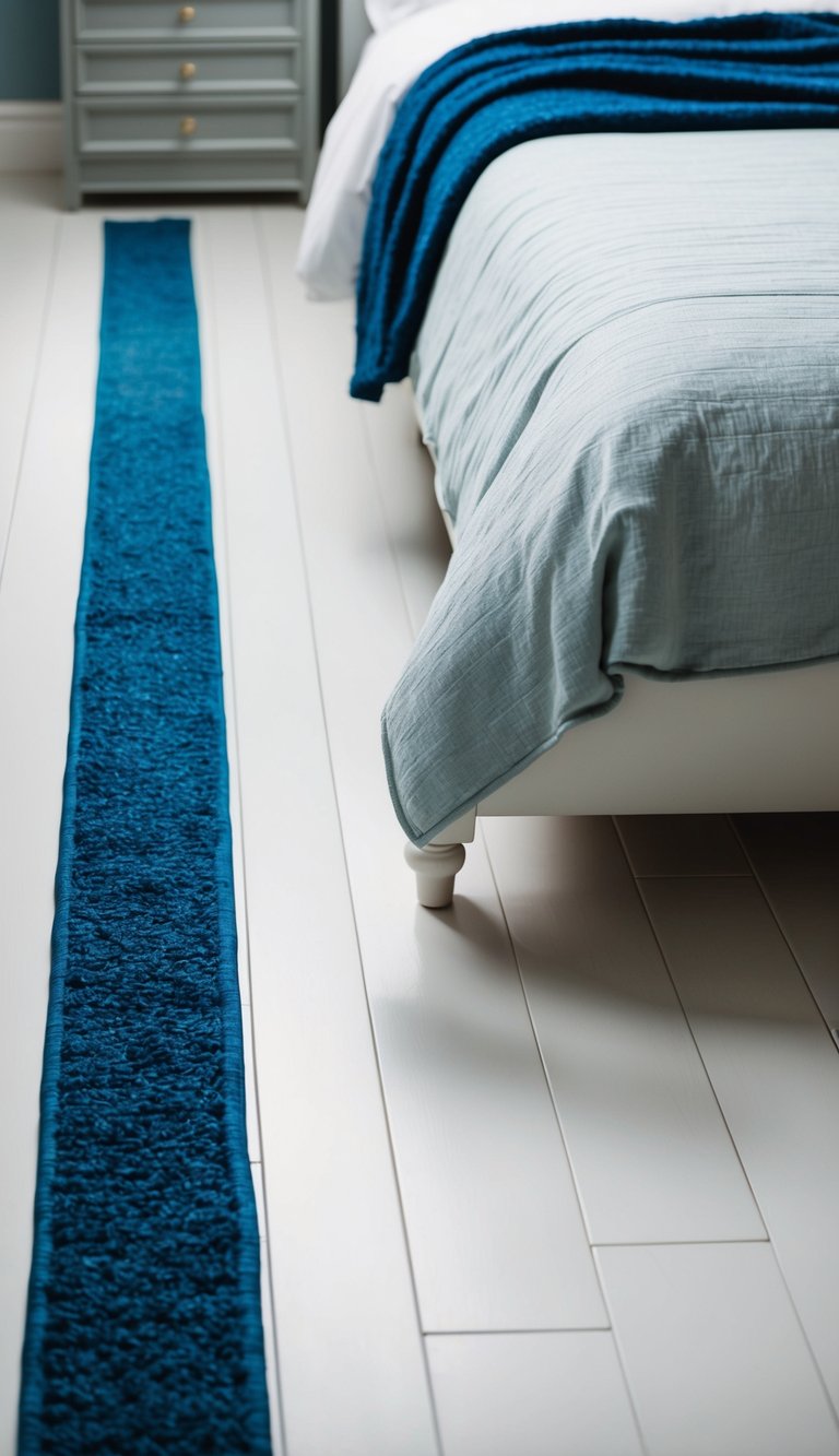 A cobalt blue rug lies on white hardwood floors in a serene bedroom