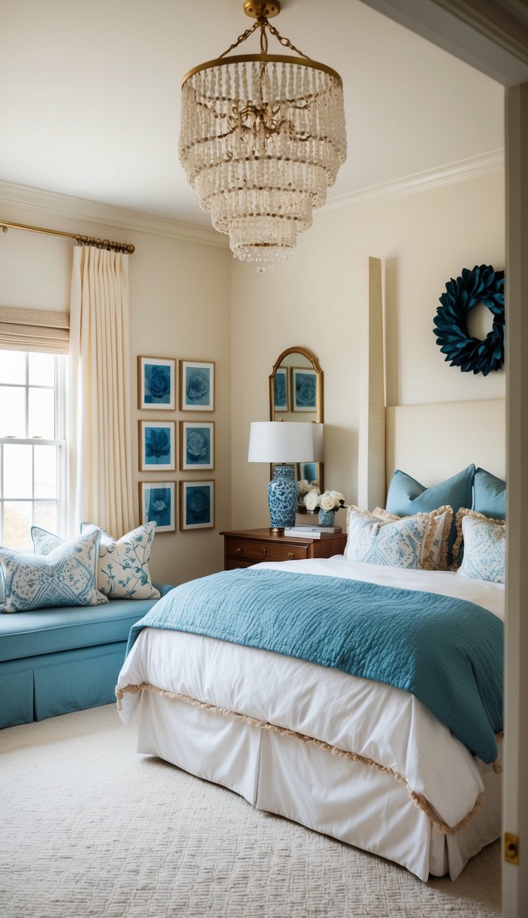 A cozy bedroom with ivory and cream accents, featuring blue decor and soft lighting