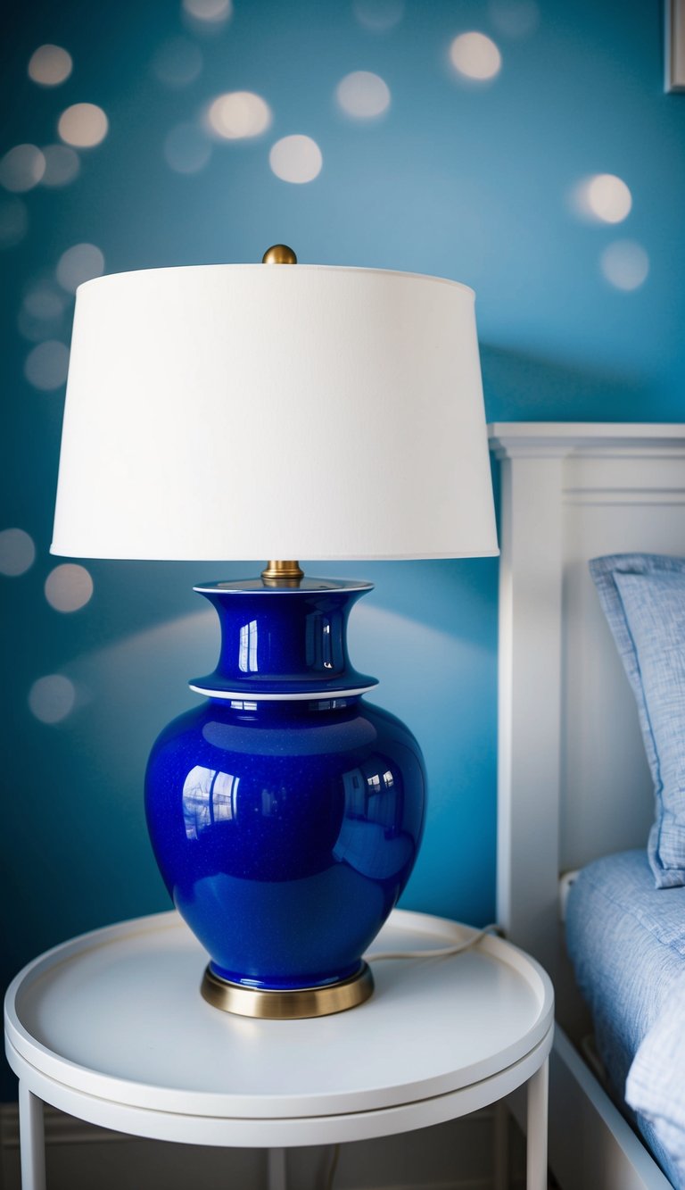 A blue ceramic lamp with a white lampshade sits on the bedside table in a serene white and blue bedroom