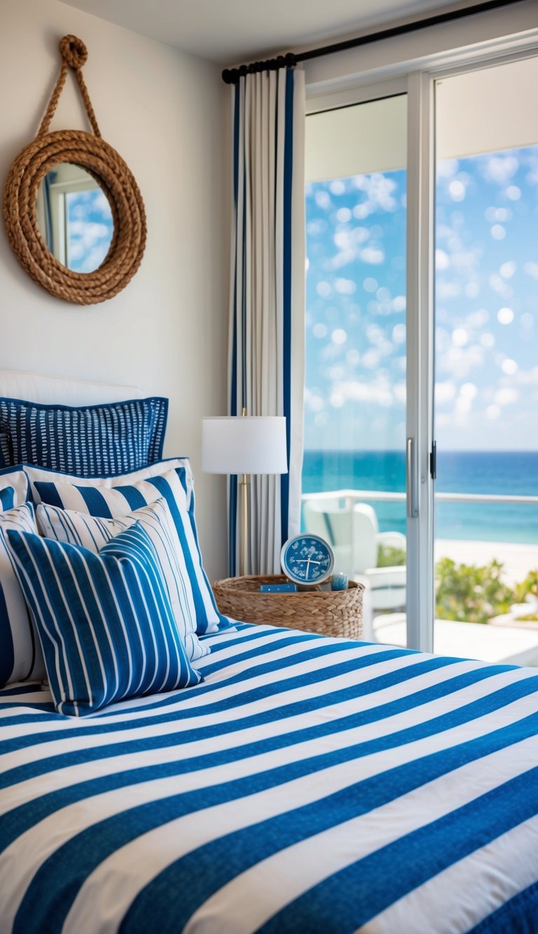 A cozy bedroom with blue and white striped bedding, nautical decor, and a serene ocean view