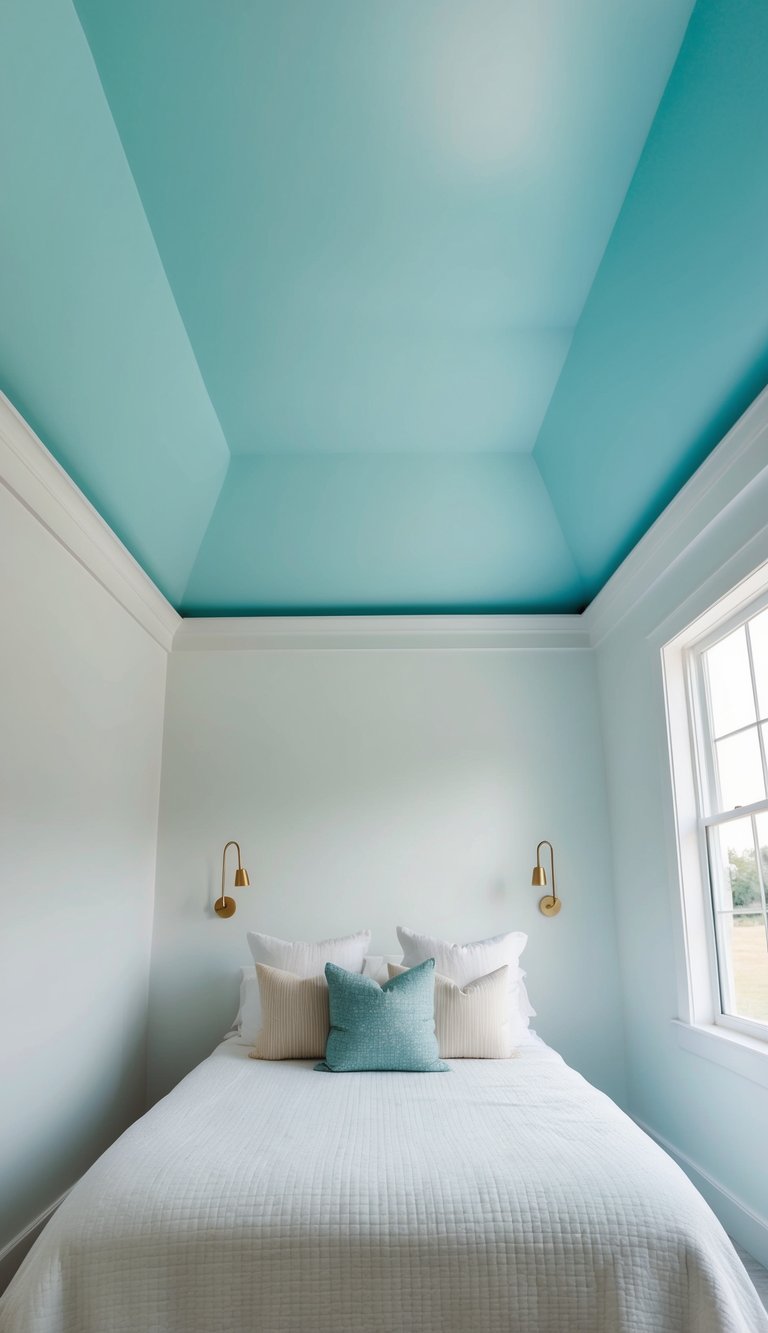 The ceiling is painted a soft, light blue, contrasting with the white walls in a serene bedroom setting