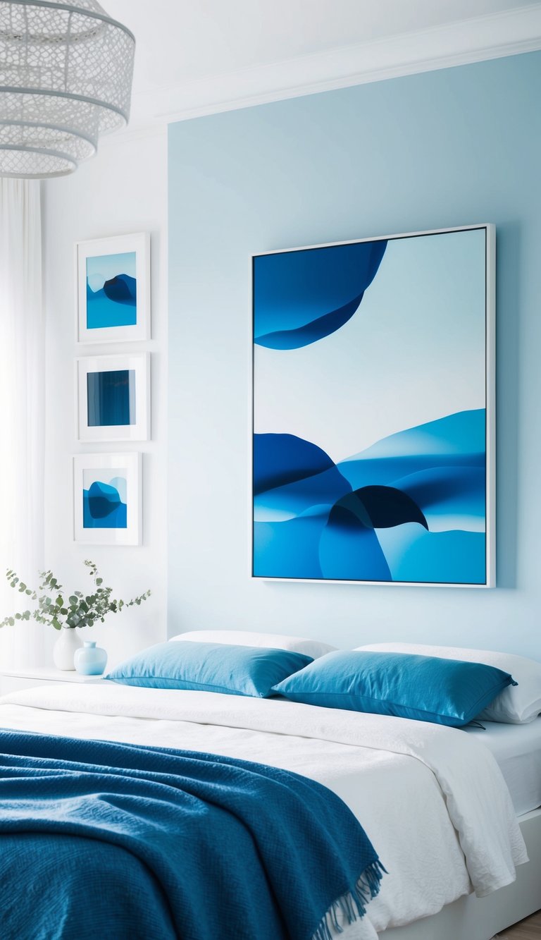 Blue abstract art in white frames adorn the walls of a serene white and blue bedroom, creating a tranquil and modern aesthetic