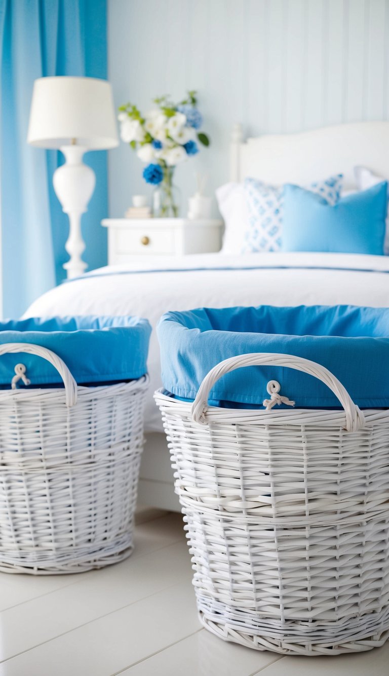 White wicker baskets with blue fabric liners neatly arranged in a serene white and blue bedroom