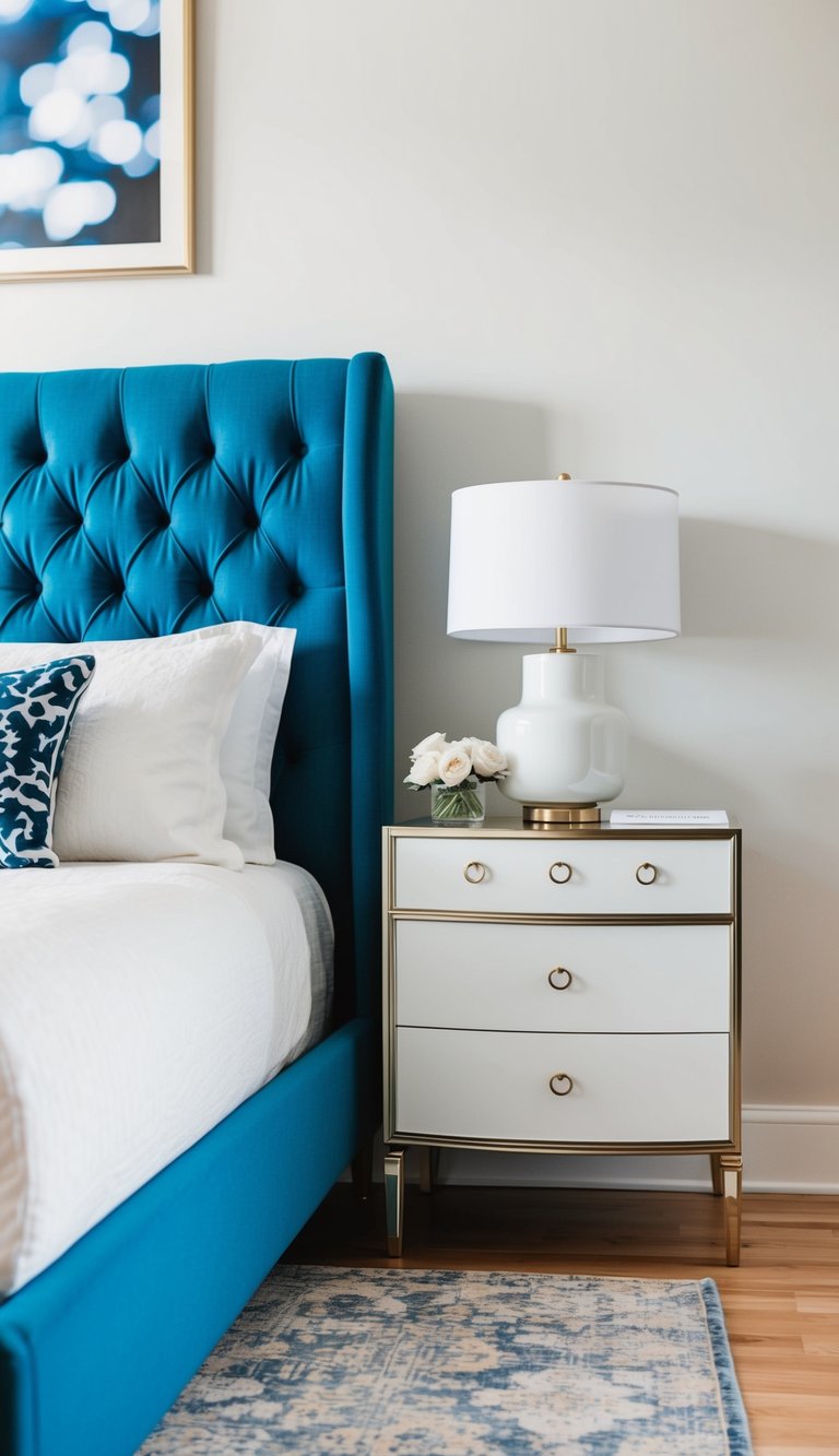 A blue upholstered bed with white bedside tables