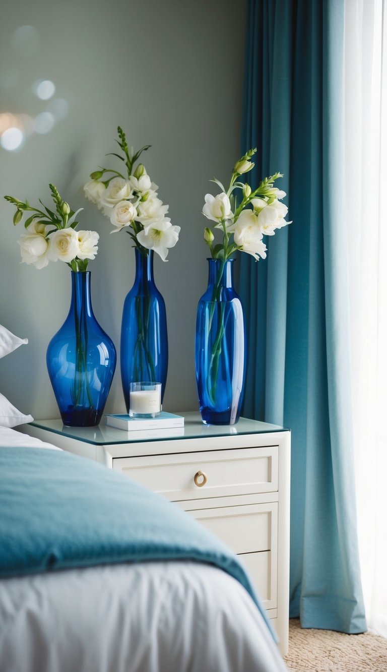 Blue glass vases with white flowers on bedside table in serene bedroom