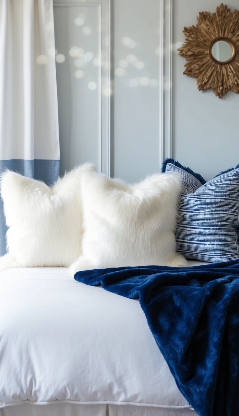 White faux fur pillows and navy throw blankets adorn a serene white and blue bedroom