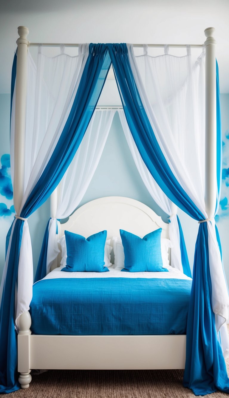 A white canopy bed with flowing blue drapes creates a dramatic focal point in a serene bedroom setting