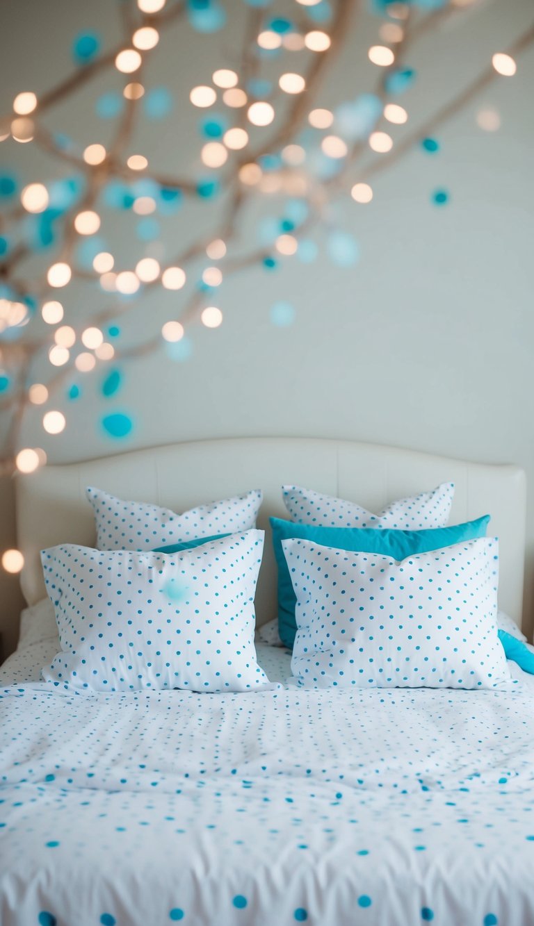 Small blue polka dots scattered on white bedding in a serene bedroom setting