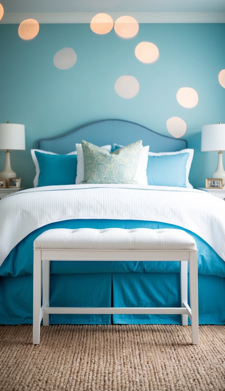 A white bench sits at the foot of a blue bed in a serene bedroom