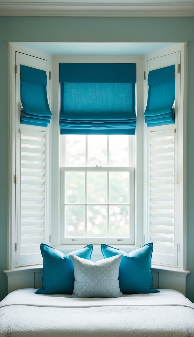 A serene bedroom with white plantation shutters and blue window accents, creating a tranquil and elegant atmosphere