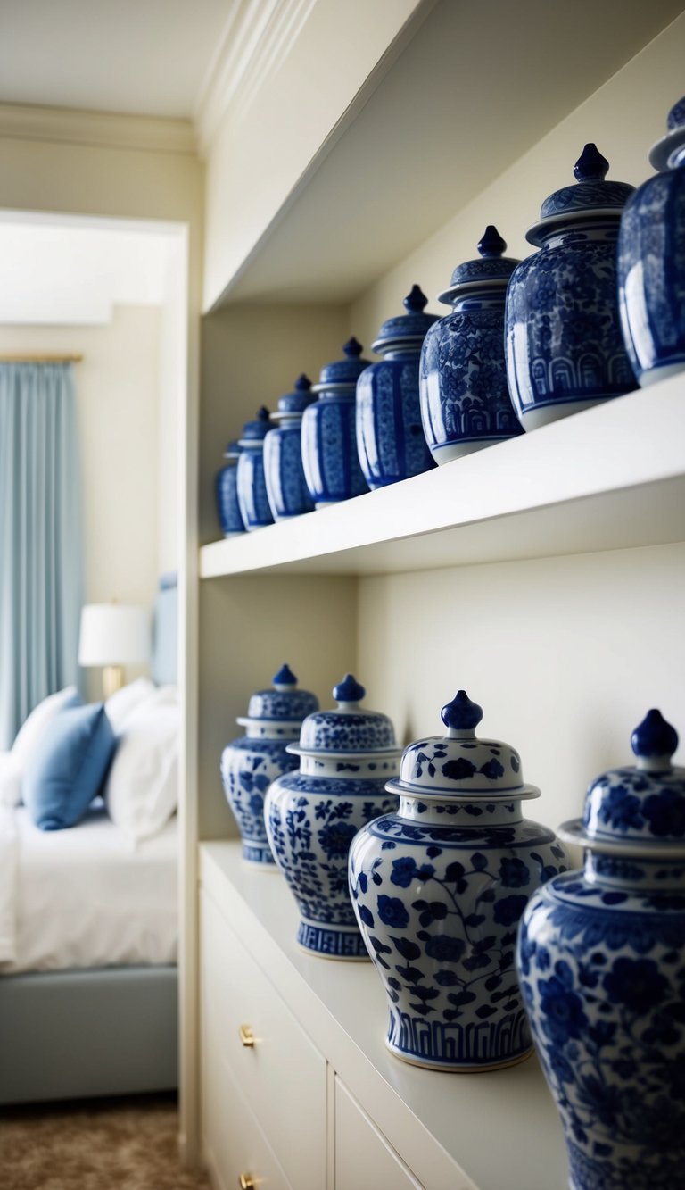 A row of blue and white porcelain jars lines the shelves of a serene bedroom, adding an elegant touch to the tranquil space
