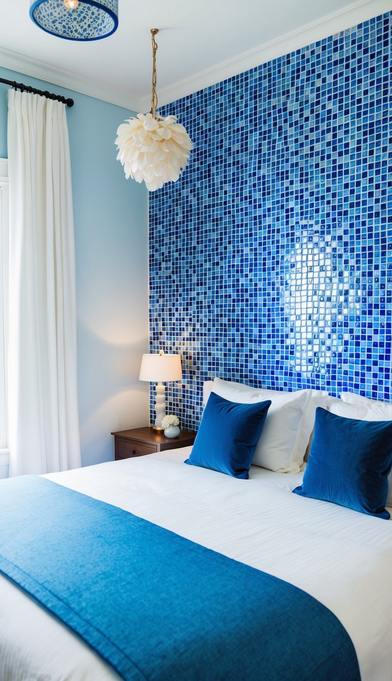 A wall of blue mosaic tiles serves as a decorative headboard in a serene white and blue bedroom