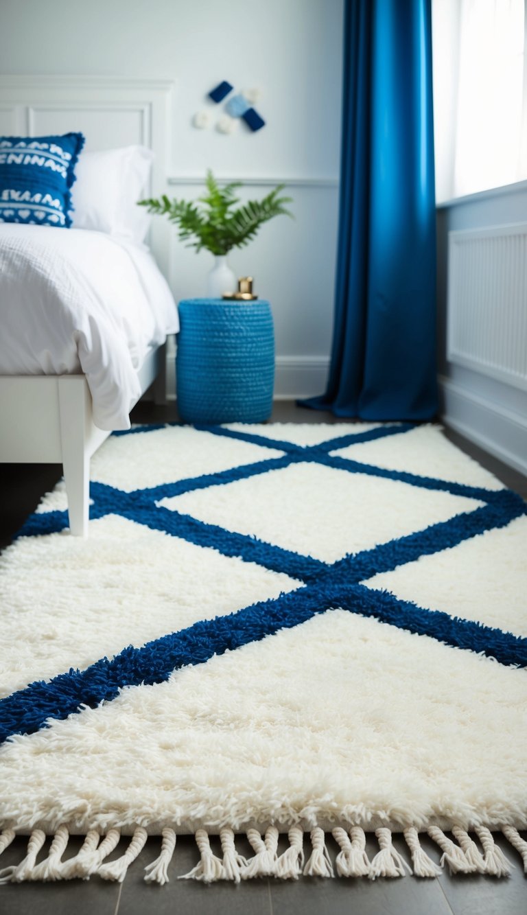 A white shag rug with blue geometric patterns lies on the floor of a serene white and blue bedroom