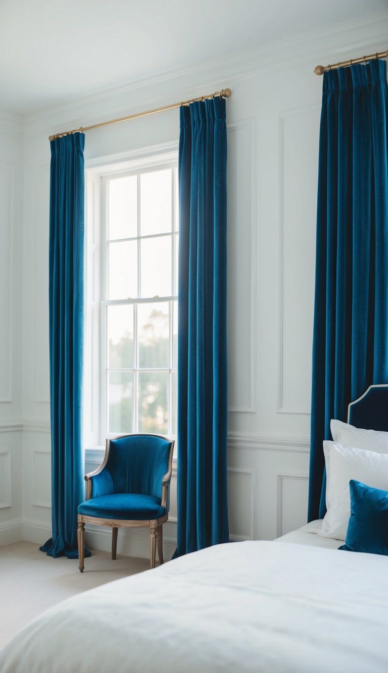 Blue velvet curtains hang against crisp white walls in a serene bedroom setting