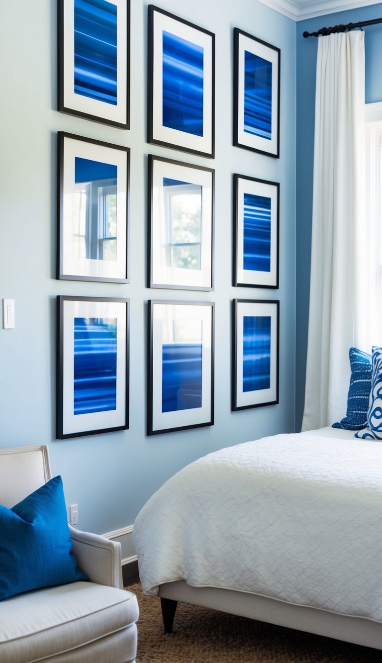 A gallery wall of blue and white framed prints adorns a serene white and blue bedroom