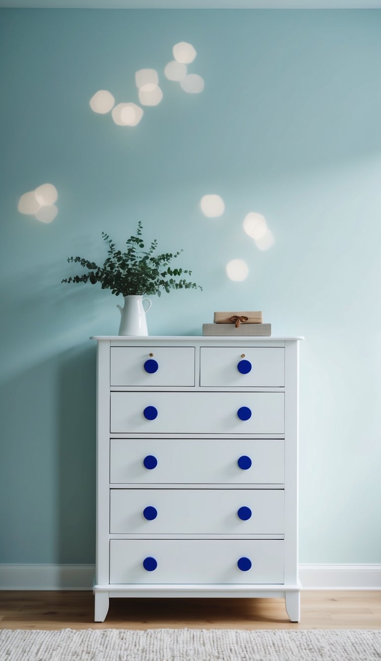 A white dresser with blue knobs stands against a pale blue wall, creating a subtle contrast in a serene bedroom setting