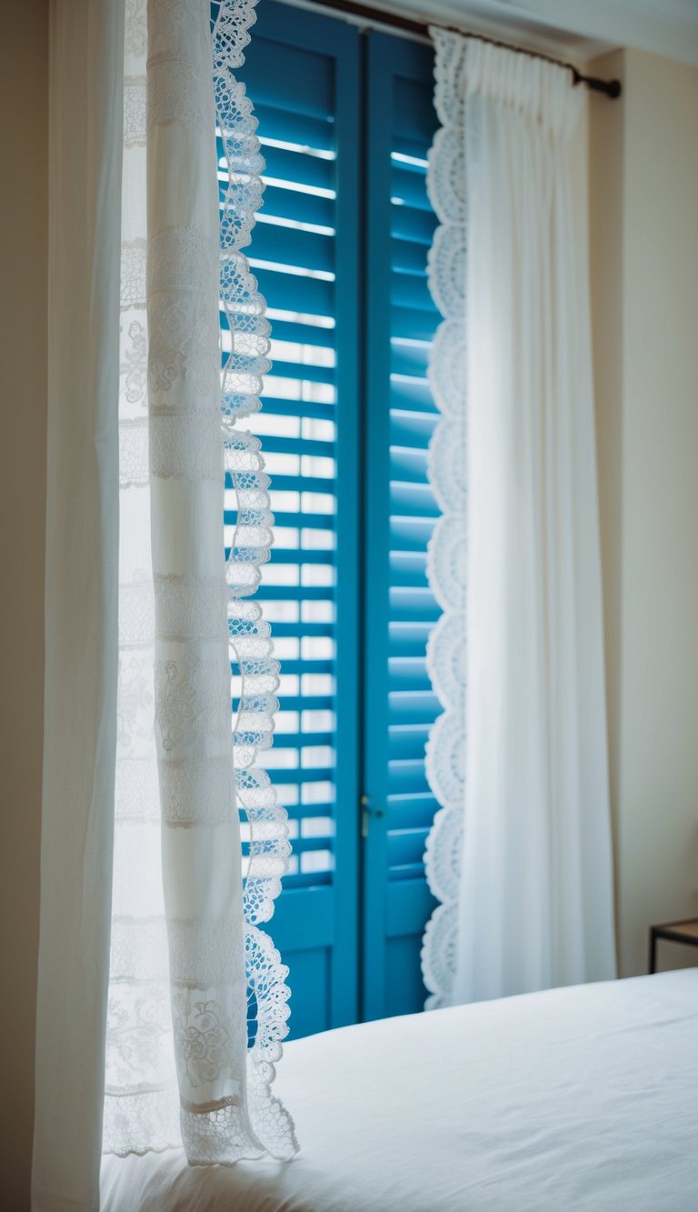 A white lace curtain hangs over blue window blinds in a serene bedroom