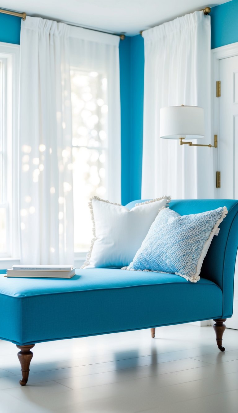 A blue chaise lounge with white throw pillows sits in a serene white and blue bedroom
