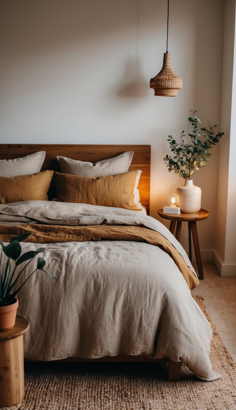 A cozy bedroom with natural linen bedding in earthy shades, warm lighting, and natural elements like plants and wooden furniture