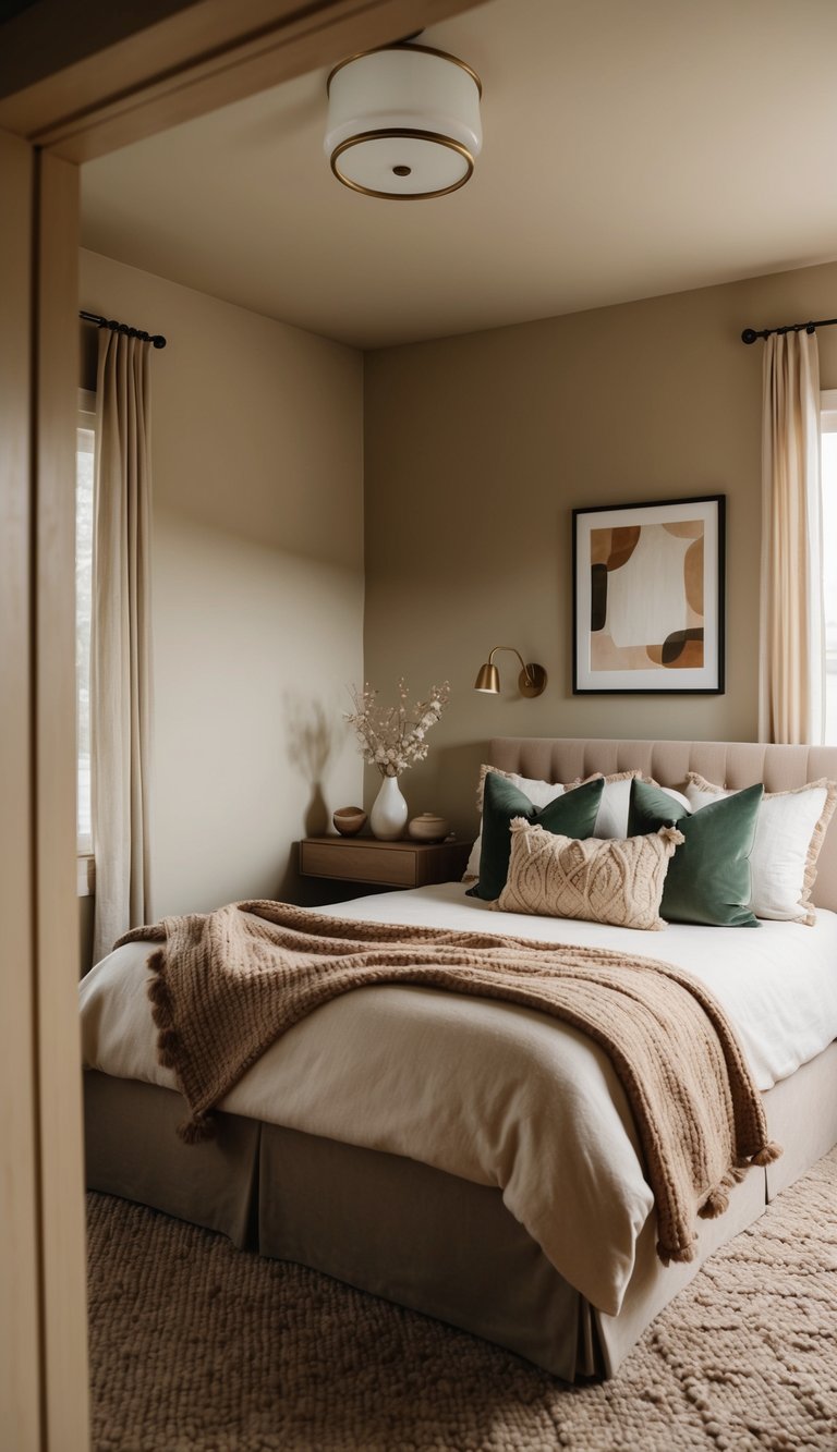 A serene bedroom with muted beige walls, cozy earthy decor, and soft lighting