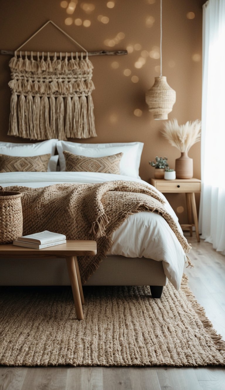 A cozy bedroom with a large jute rug adding organic texture to the earthy decor
