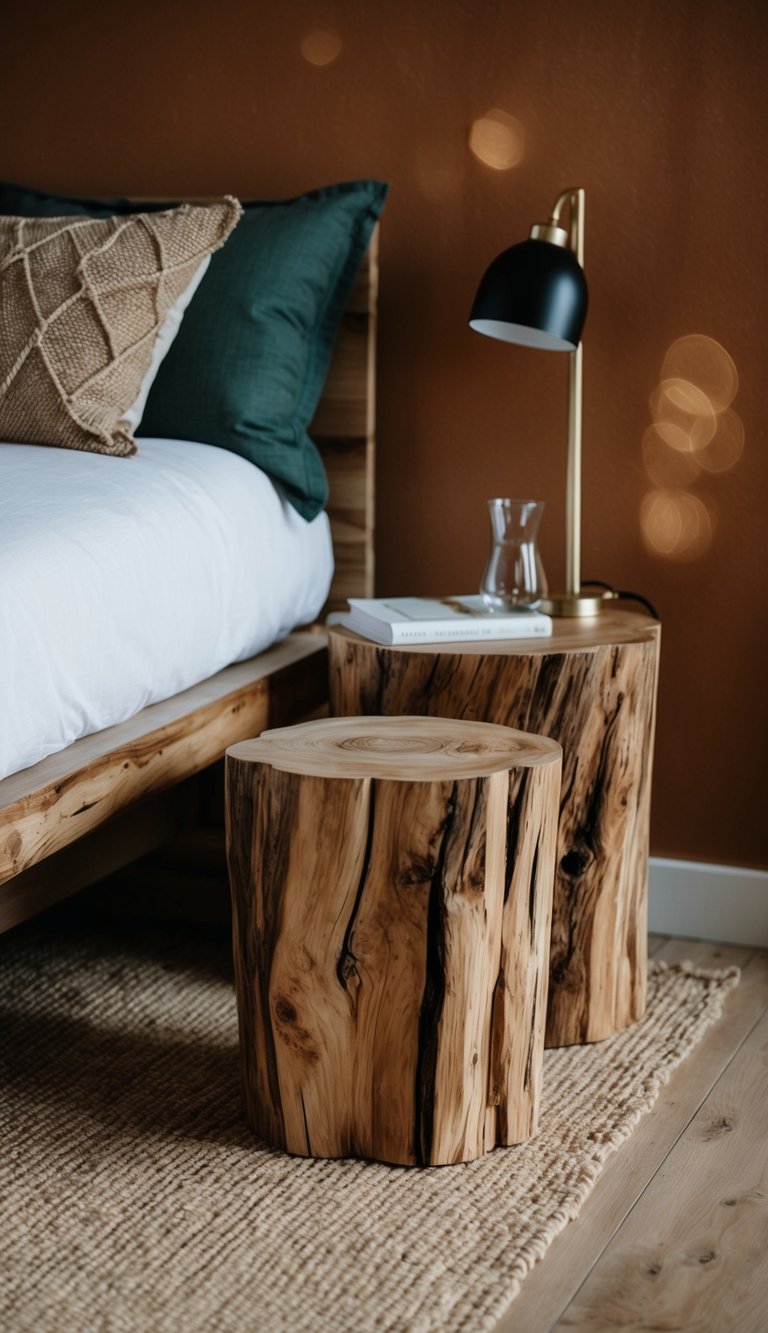 Two raw-edged wooden bedside tables in an earthy bedroom
