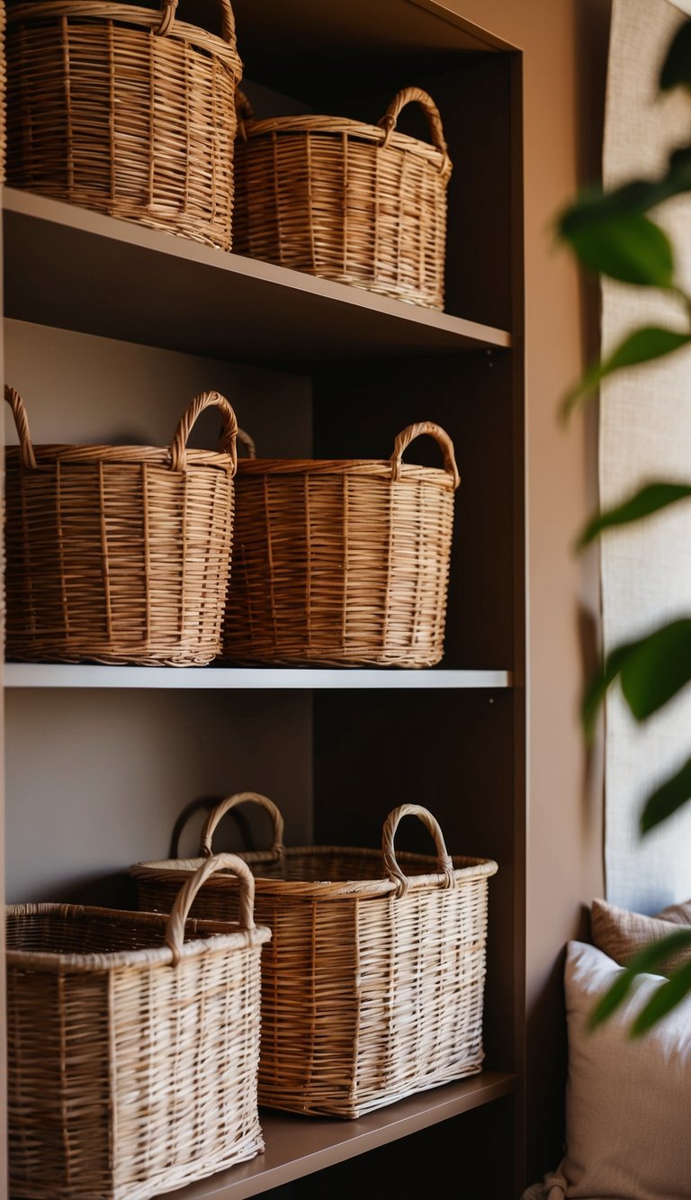 Wicker baskets arranged neatly on shelves in a cozy, earth-toned bedroom