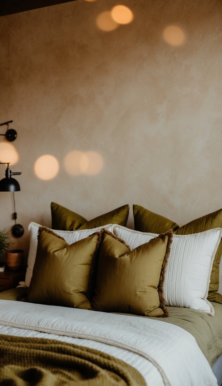 A cozy bedroom with earthy tones, featuring olive green throw pillows layered on the bed and a warm, inviting atmosphere