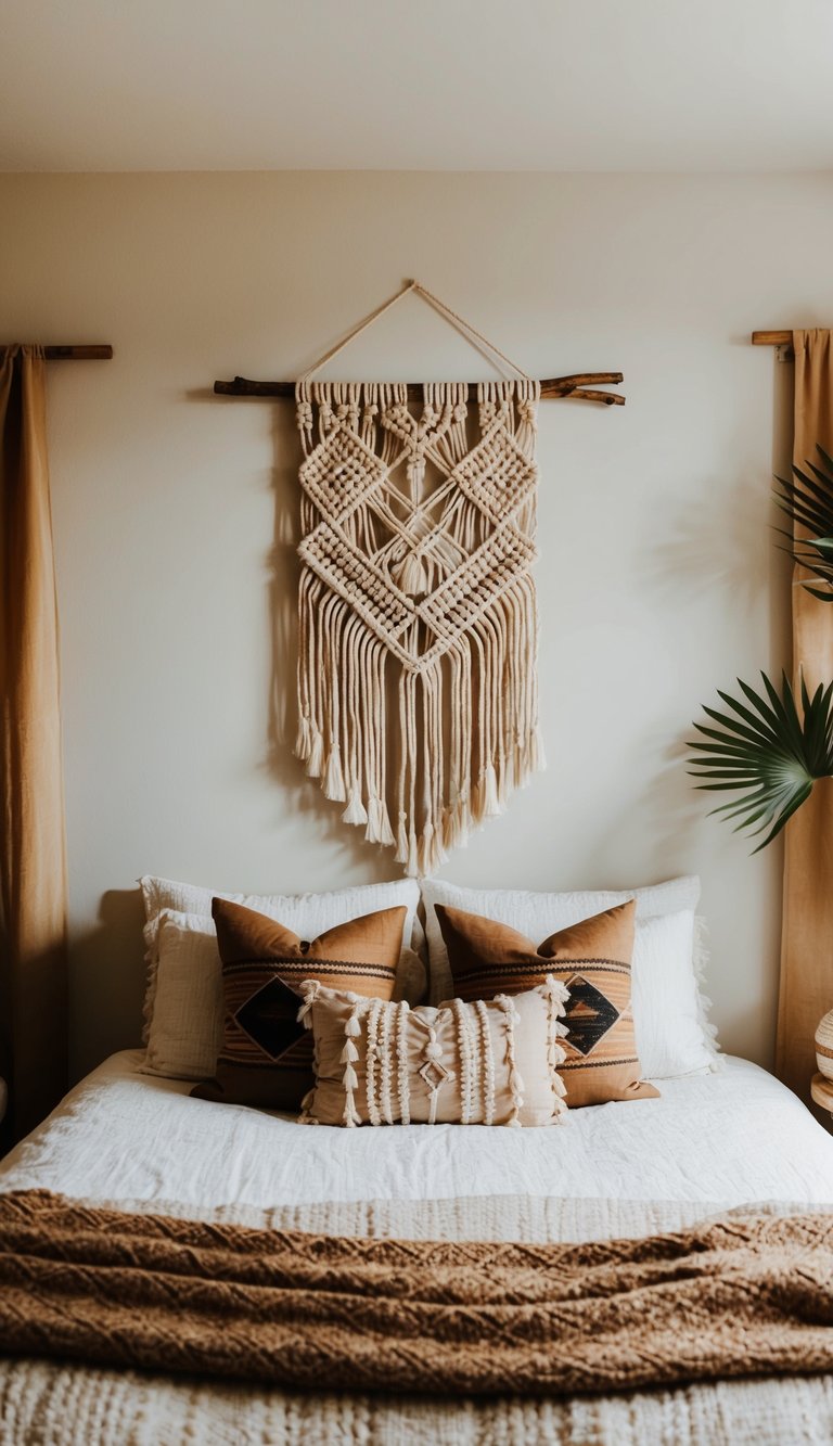A cozy bedroom with a macramé wall art piece hanging above a bed, surrounded by earthy decor and natural materials for a bohemian vibe
