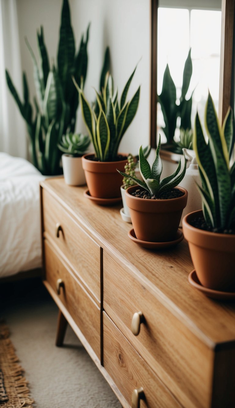 A cozy bedroom with potted snake plants and succulents on a wooden dresser, creating a natural and earthy atmosphere