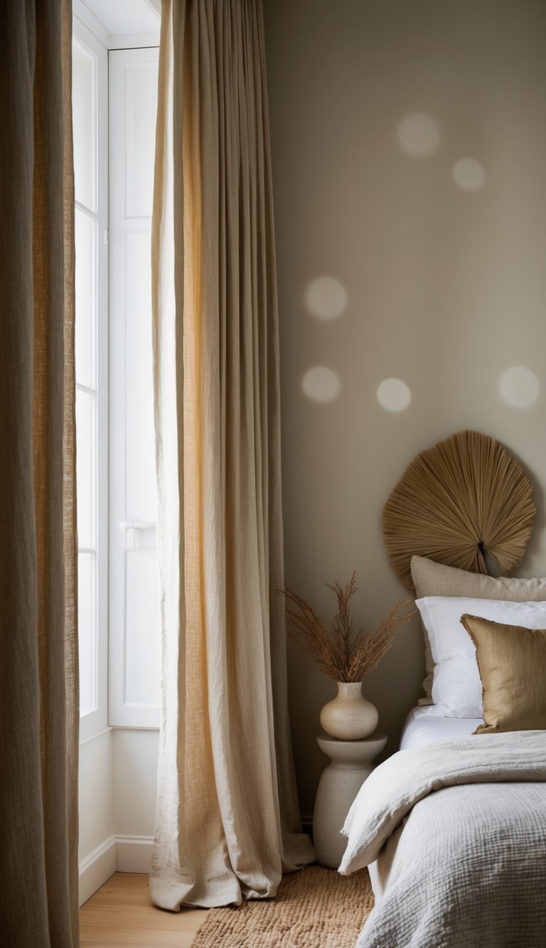 Linen curtains in soft earthy hues frame a tranquil bedroom with natural textures and muted tones