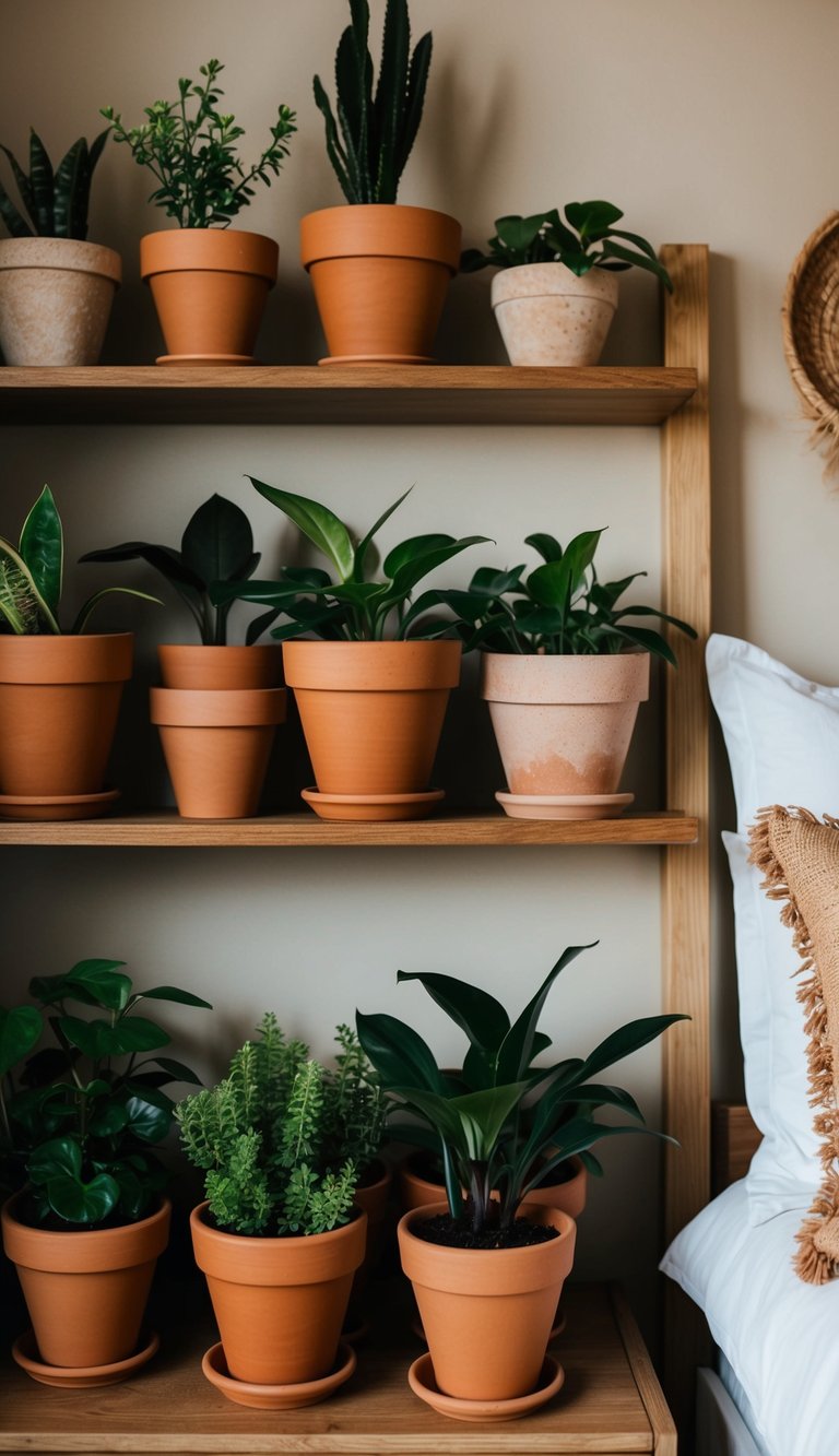A cluster of terracotta plant pots arranged on a wooden shelf in a cozy bedroom with earthy tones and natural textures