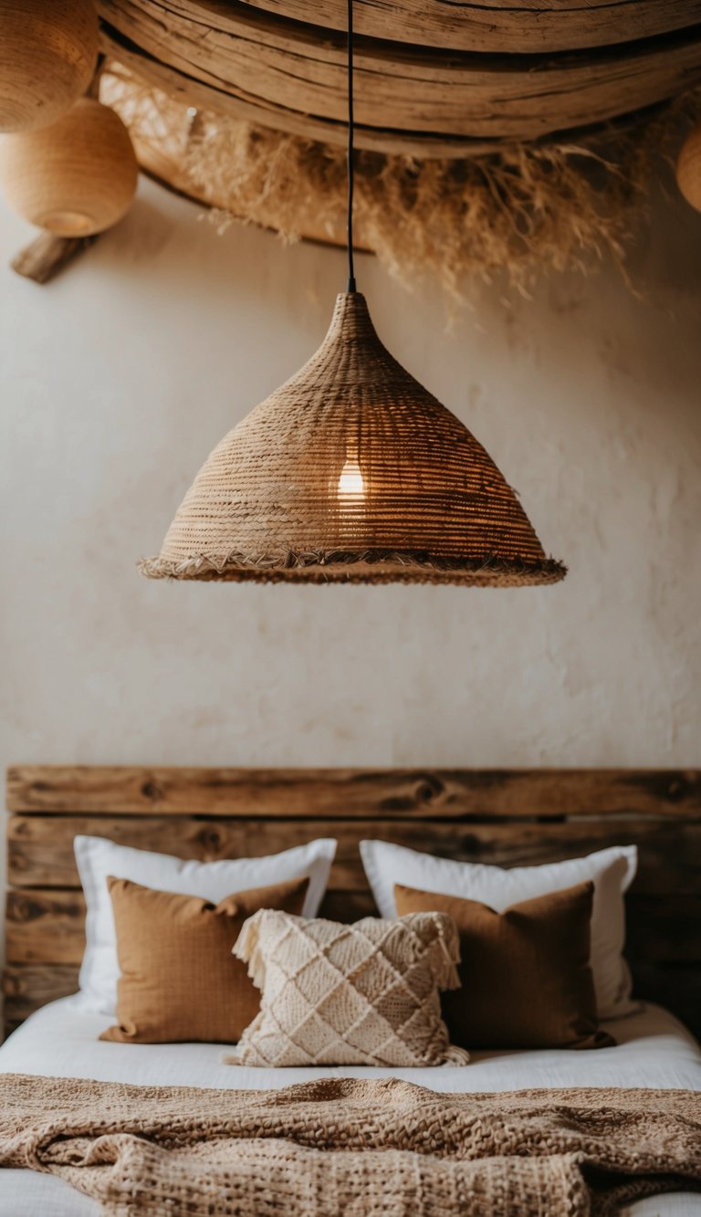 A cozy bedroom with a natural fiber pendant light hanging above a rustic wooden bed, surrounded by earthy tones and natural textures