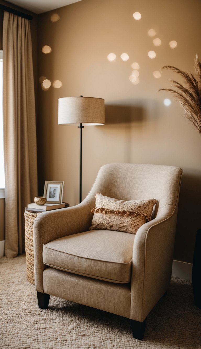 A cozy bedroom with a sand-colored accent chair, warm earthy tones, and natural textures