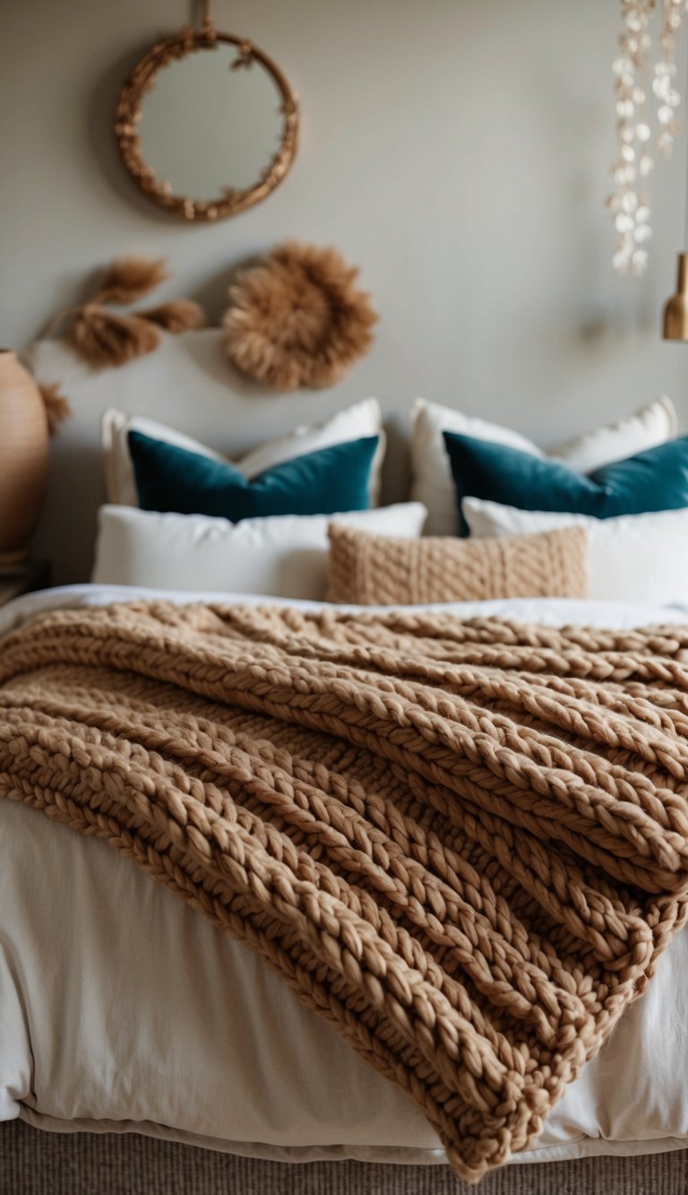 A cozy bed with a chunky knit camel blanket, surrounded by earthy bedroom decor