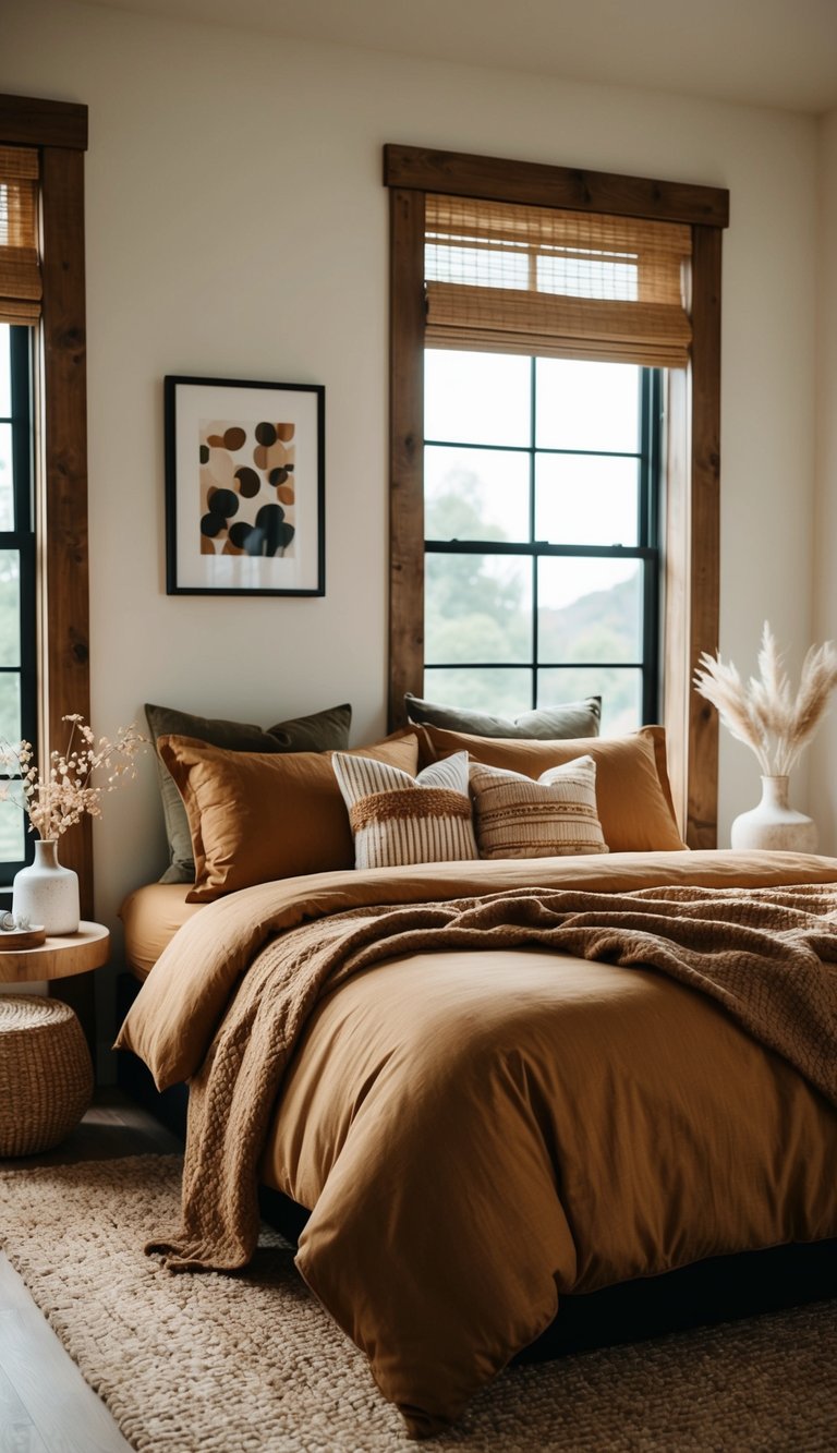 A cozy bedroom with warm tan cotton bedding, earthy decor, and natural light filtering in through the window