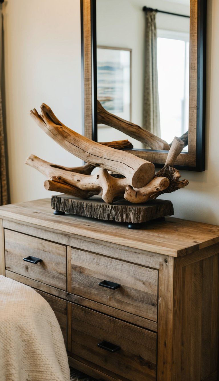 A driftwood sculpture sits atop a rustic wooden dresser in a cozy bedroom, surrounded by earthy tones and natural textures