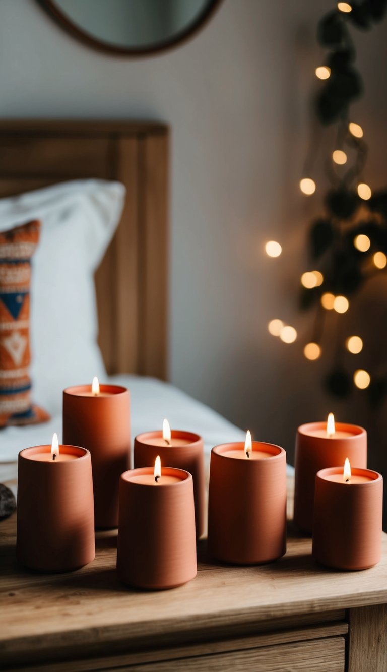 Clay candle holders arranged on wooden bedside table with earthy decor and soft lighting
