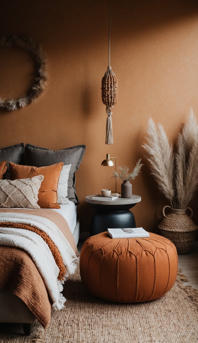A burnt orange pouf sits in a cozy, earth-toned bedroom, surrounded by natural textures and warm, inviting decor