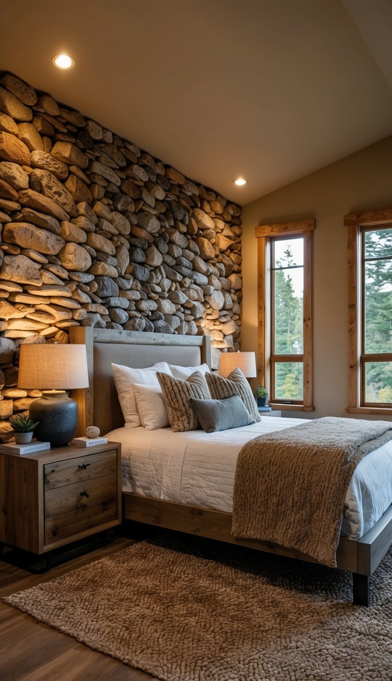 A cozy bedroom with stone and river rock décor, natural colors, and earthy textures
