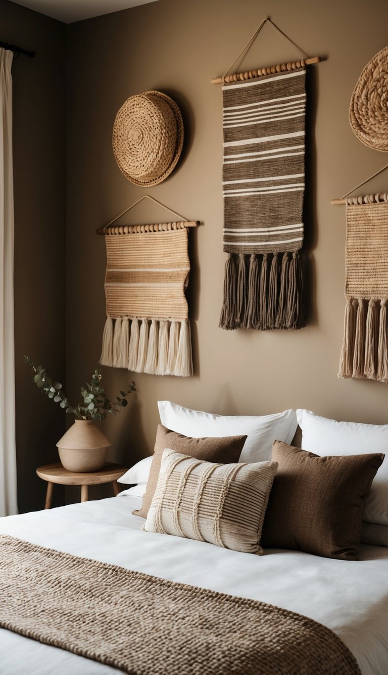 Woven wall hangings in neutral colors adorn the earthy bedroom, adding texture and warmth to the space