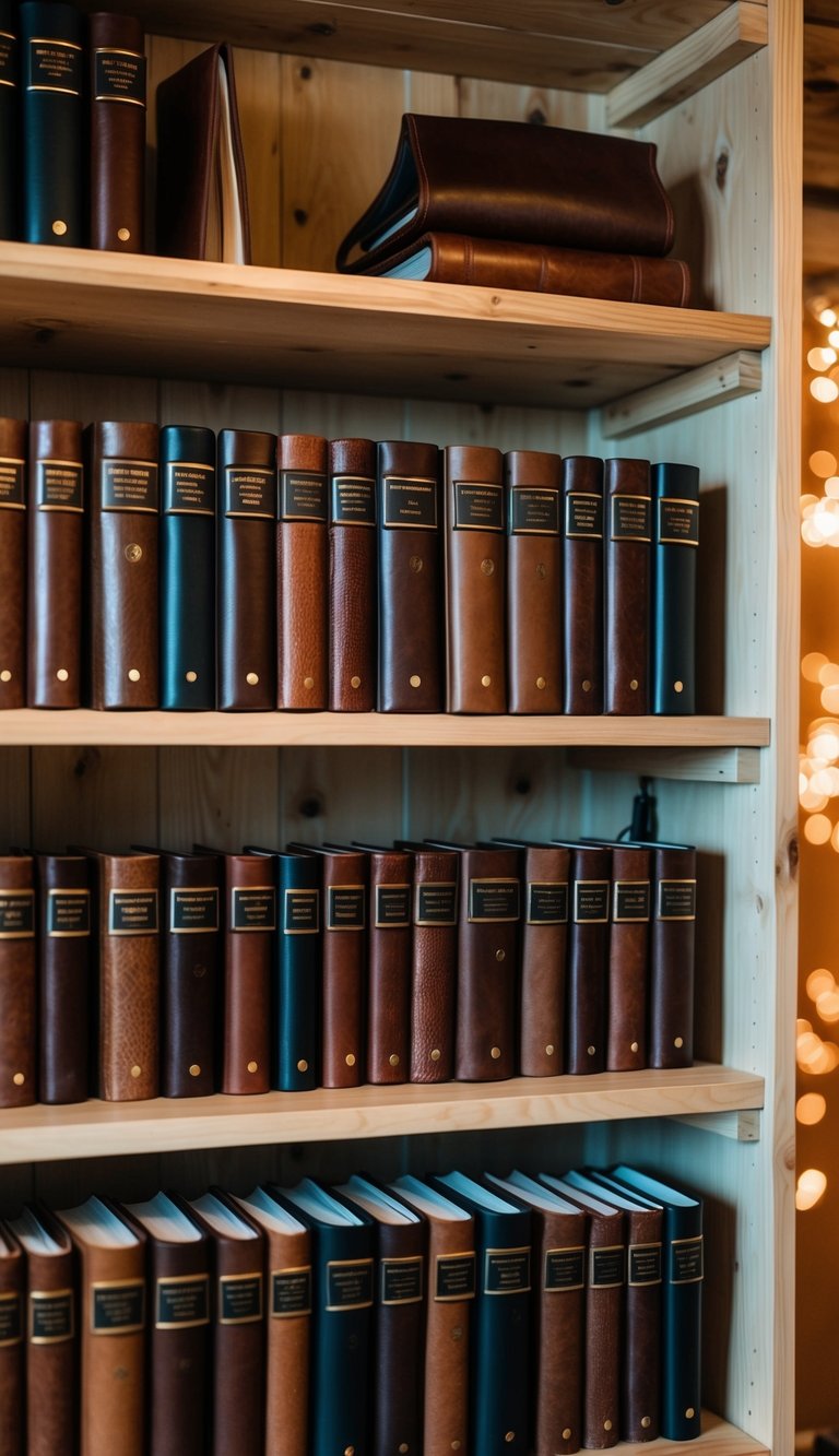 Leather-bound journals arranged on wooden shelves in a cozy, earthy bedroom
