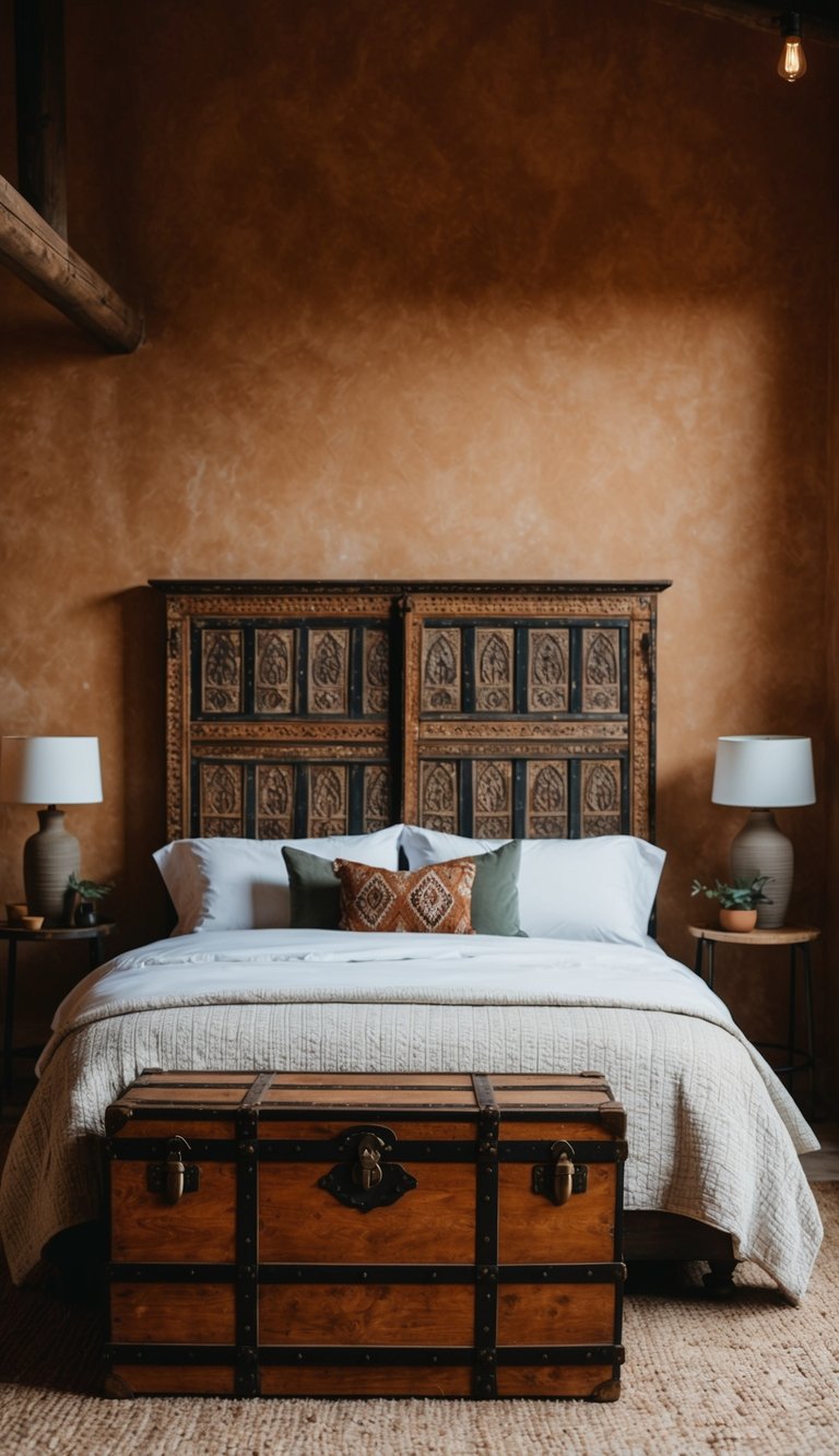 An antique wooden trunk sits at the foot of a cozy bed in a rustic earthy bedroom, surrounded by warm earth tones and natural textures