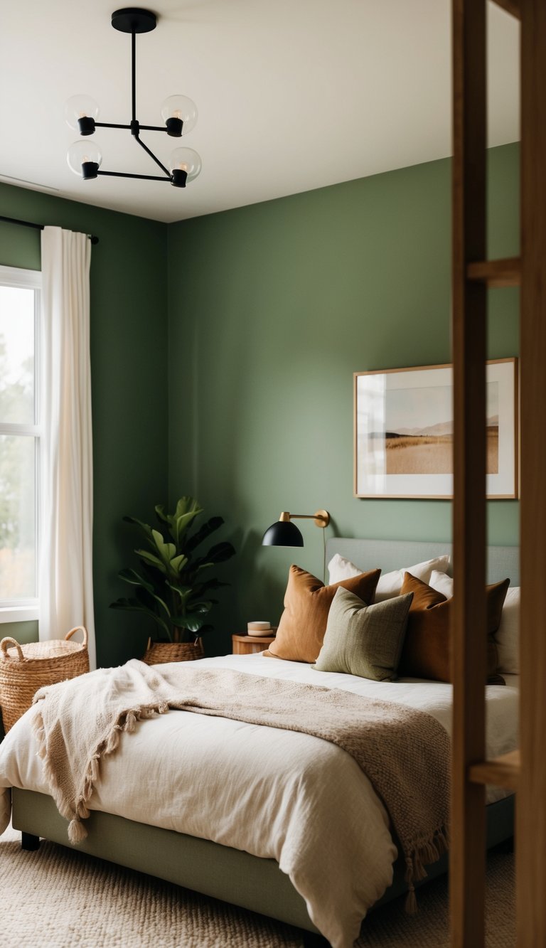 A cozy bedroom with a soft moss green accent wall, earthy tones, and natural textures. A warm and inviting space for relaxation and tranquility