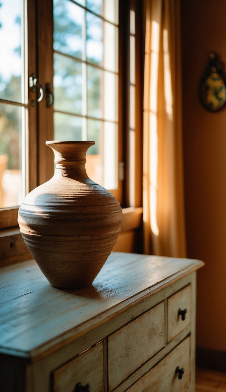 A rustic, handmade ceramic vase sits on a weathered wooden dresser in a cozy, earth-toned bedroom. Sunlight streams in through the window, casting a warm glow on the textured surface of the vase