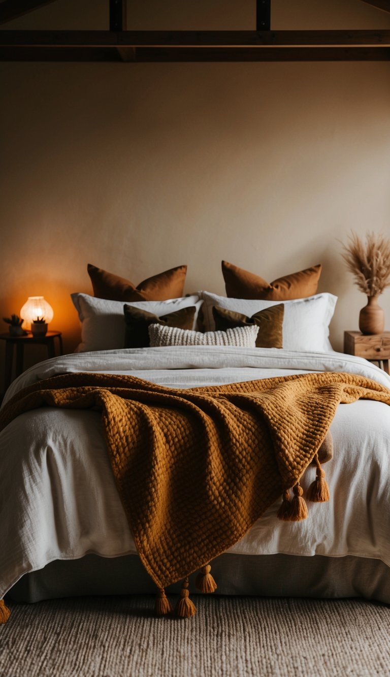 A cozy bedroom with a bed draped in an ochre yellow cotton throw, surrounded by earthy decor and warm lighting