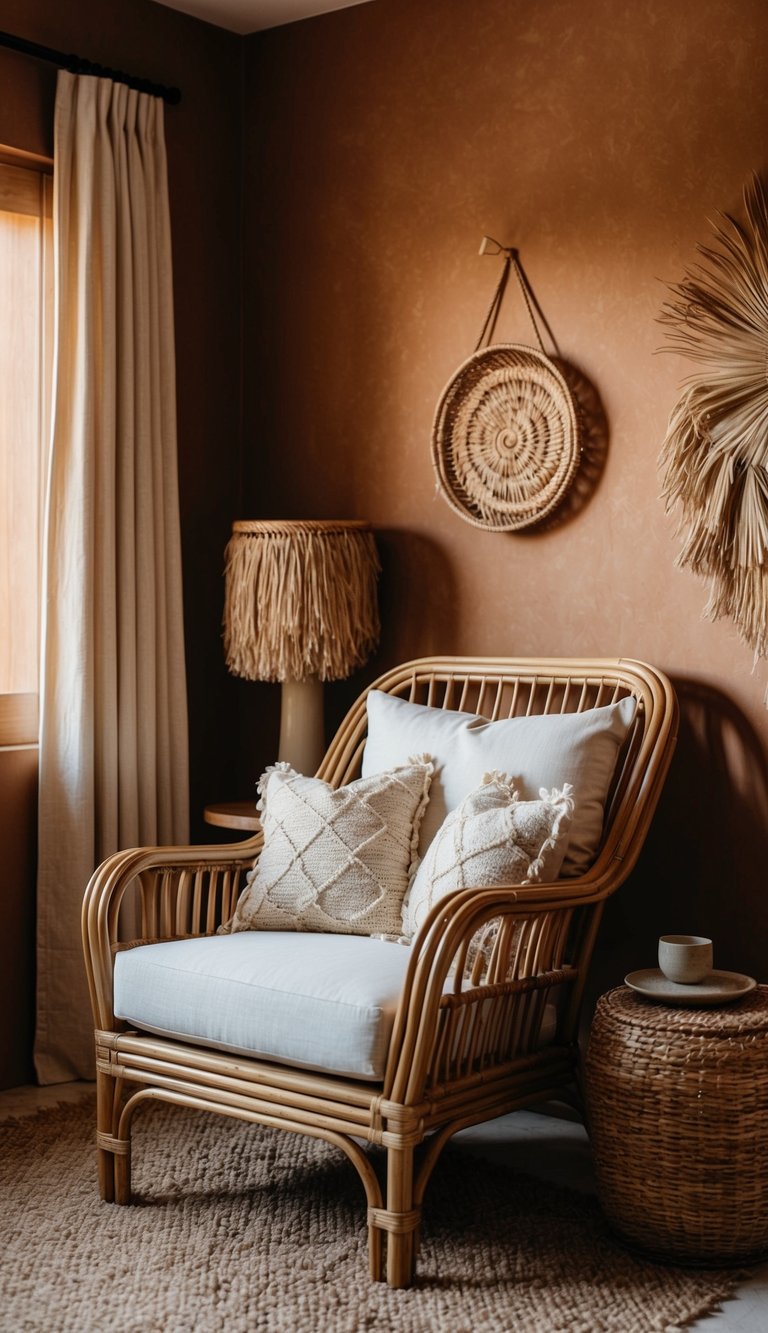 A rattan chair with cushions sits in a cozy, earth-toned bedroom, surrounded by natural textures and warm lighting