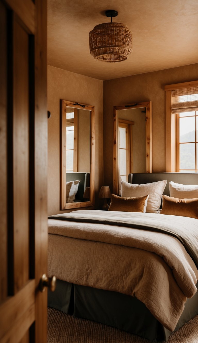 A cozy bedroom with earthy tones features wooden framed mirrors with natural finishes, reflecting the warm and inviting ambiance