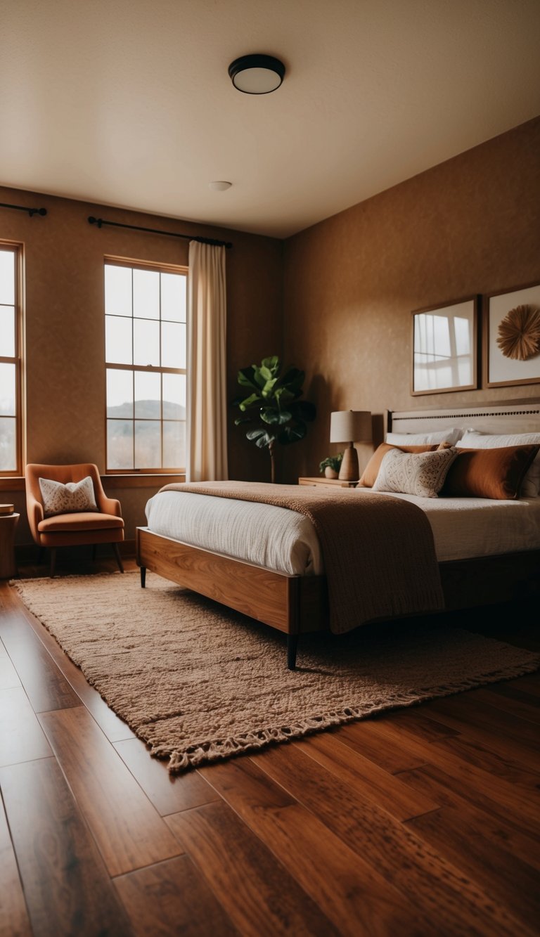 A cozy bedroom with warm brown hardwood flooring, earthy tones, and natural textures