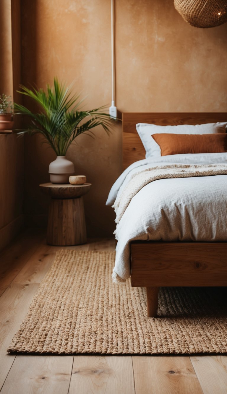 A natural sisal mat lies on the wooden floor next to a cozy bed in an earthy bedroom, with warm tones and natural textures throughout